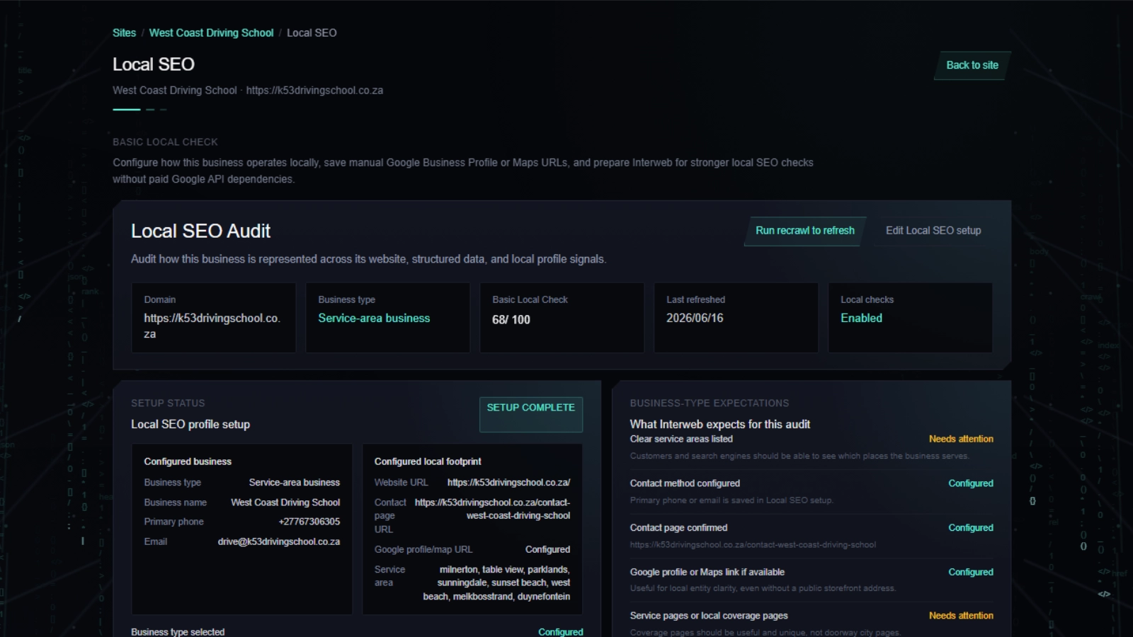 Local SEO setup view showing location configuration and local check results