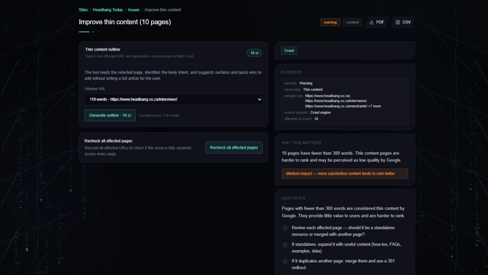 SEO issue tracker view showing issue status and priorities